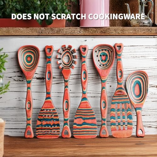 Gudamaye Pakkawood 7-Piece Wooden Cooking Utensils, Wooden Spoons for cooking, Wooden Utensil set, Pinkish-Orange Pakkawood Cooking Spoons, Non-Stick Spoon, Pakkawood kitchen utensils - Image 4