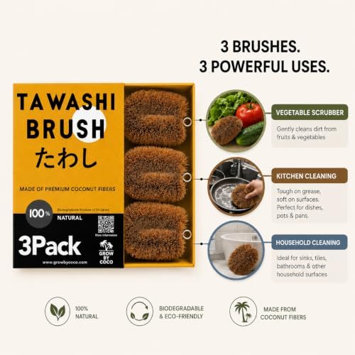 Pack of 3 Tawashi Vegetable Scrub Brush, 100% Natural Coconut Coir Fiber,Fruit Scrub,Eco Friendly Sponge Alternative,Japanese Kamenoko Design,Dish Scrubber for Cast Iron & Kitchen Cleaning - Image 2