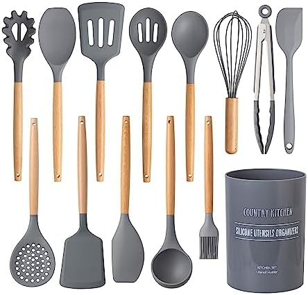 Country Kitchen Non Stick Silicone Utensil Set with Rounded Wood Handles for Cooking and Baking, 14 Piece Set, Gray by CountryKitchen