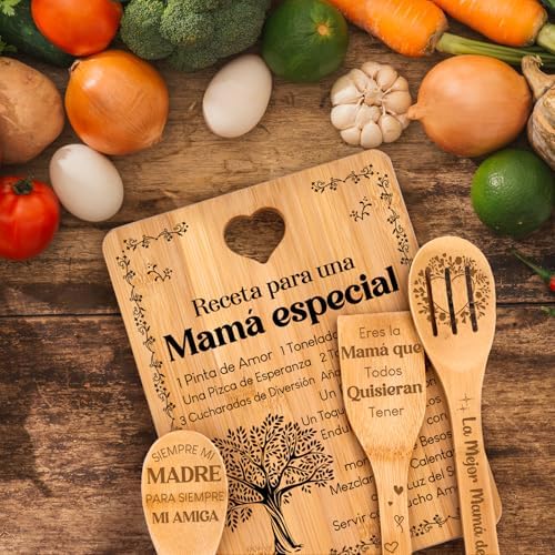 Regalos de cumpleaños para mamá - "Receta para una mamá especial". Juego de tablas de cortar y utensilios de bambú grabados. Regalos de cumpleaños para mamá. Spanish Mom Cutting Board - Image 7