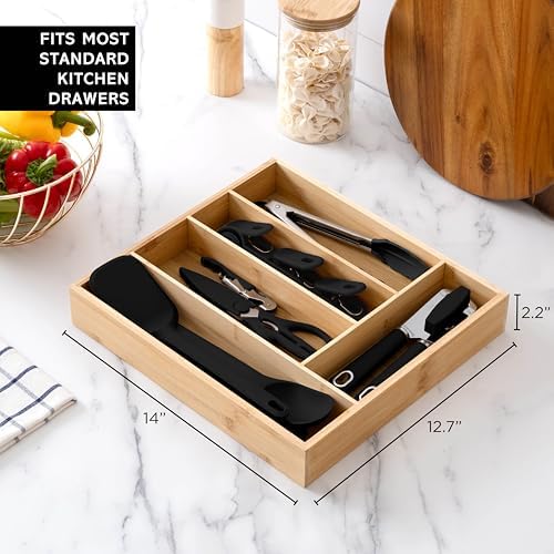 COOK WITH COLOR Bamboo Kitchen Utensil Set with Drawer Organizer | Cooking Tools and Storage Caddy, Black, 18 Piece Gadget Set - Image 5
