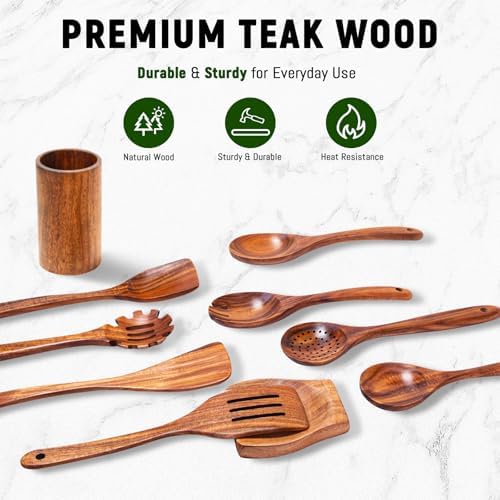 10 Pcs Teak Wooden Utensil Set, Wooden Spoons for Cooking - Image 5