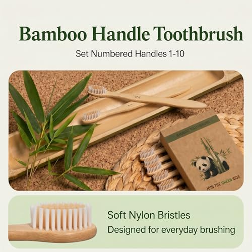 Bamboo Toothbrushes 10 Pack - Soft Nylon Bristles, Numbered - Image 2