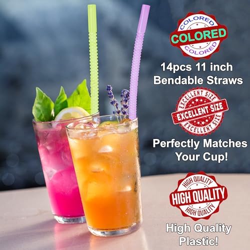 Bendable Straws - 11 inch Long Colored Flexible Straws - Bendy Drinking Straw Reusable - 14 Pack - Image 2