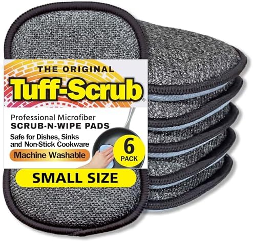 Original Scrub-N-Wipe Pad by Tuff-Scrub, 6-Pack, Microfiber, Multi-Surface, Non-Scratch, Dual-Sided, Scrubber for Dishes, Sinks, Non-Stick Cookware – Machine Washable, Durable Kitchen Sponge (Small) by Tuff-Scrub
