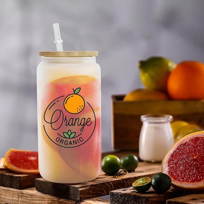 AGH Sublimation Glass Cup with Bamboo Lids and Straws 16oz Blanks Can Shaped Drinking Glasses 12Pack Frosted Beer cup for Iced Coffee, Milk, Juice.