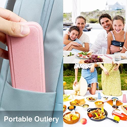 Reusable Travel Utensils Set with Case, 4 Sets Wheat Straw Portable Knife Fork Spoons Tableware, Eco-Friendly BPA Free Cutlery for Kids Adults Picnic Camping Utensils(Green, Beige, Pink, Blue) - Image 3