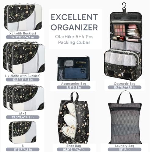 OlarHike Packing Cubes for Travel,Gifts for Women Mom,Anti-Tearing Suitcase Organizer for Luggage with Shoe & Hanging Toiletry Bag,Vacation Essentials & Accessories for Cruise Ship,10 Set,Black Flower - Image 2