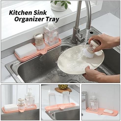 MicoYang Silicone Soap Dish with Drain Spout — Self-Draining Double Sink Organizer Tray for Kitchen & Bathroom, Dispensers, Sponges & Soap Holder, Non-Slip & Dishwasher Safe, Pink (Large, 12"×4") - Image 5