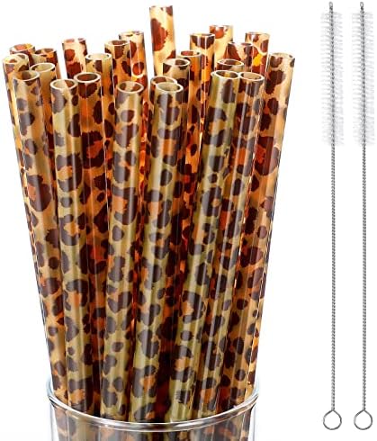Zopeal 25 Pcs Reusable Leopard Straws with Cleaning Brushes, Brown by Zopeal