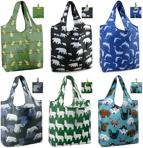 BeeGreen Animal Reusable Shopping Bags Cute Grocery Bag 6 Pack, Christmas Gift Bags Heavy-Duty Foldable Shopping Totes for Supermarket, Work & Travel, Large Washable Polyester Tote Bag with Handles by BeeGreen