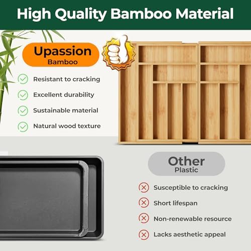 Large Silverware Organizer, 13 Slots Magnetic Connected Expandable Bamboo Utensil Drawer Organizer From 21 to 37.4 Inches, Adjustable Flatware and Cutlery Holder, Utensil Tray for Kitchen Natural - Image 6