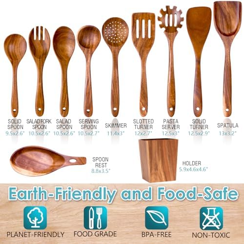 HOWHONG Acacia Wood Cooking Utensils Set - 11pc Wooden Spoons - Image 3