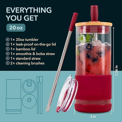 Pandaloo® Glass Cups With Lids and Straws -20 Fl Oz- Perfect Size Iced Coffee Cup - Smoothie Cup With Bamboo Lid and On the go Lid - Glass Tumbler With Straw (1 Count (Pack of 1), Boysenberry) - Image 2