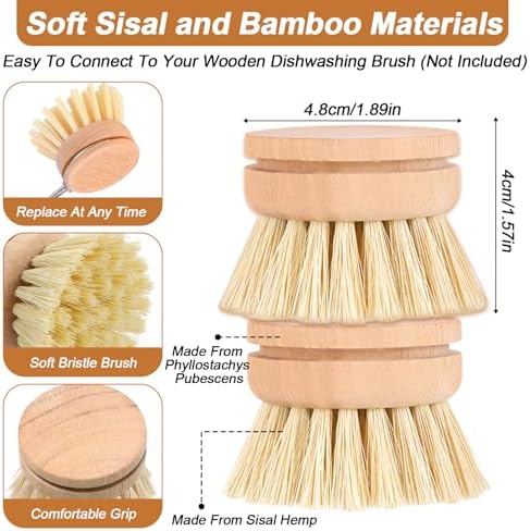 12 Pcs Bamboo Dish Brush Replacement Heads, Natural Sisal Bristle Refills, Eco Friendly Compostable Scrubber Heads for Cleaning Kitchen Utensils - Image 2