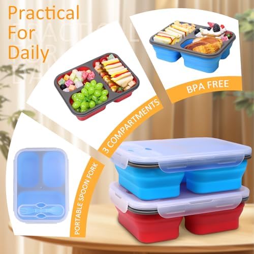 Big Collapsible Silicone Bento Lunch Box, 2 Pack with 3 Compartments Each,45.6oz Food Storage Containers with Spoons Forks, Portable for Work, Picnic, Travel, BPA Free - Image 4