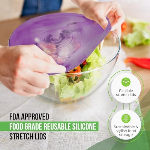 Reusable Silicone Stretch Lids for Food Storage in Fridge - Elastic Heat-Resistant Bowl Covers, Cups, Cans, Jars - Universal Food Grade Lid for Containers - 7 Pack - Purple Stretchy Lid Set - Image 4