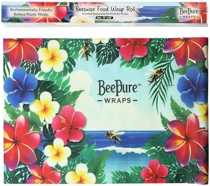 Reusable Beeswax Food Wrap Roll - Cut-to-Size 15 x 80 in, Eco-Friendly Food Storage Wrap, Tropical Hibiscus Bees in Paradise Design by Unknown