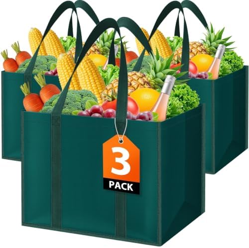WISELIFE Reusable Grocery Bags, Foldable, Lasting Use, 35L, 3 Pack, Green by WiseLife