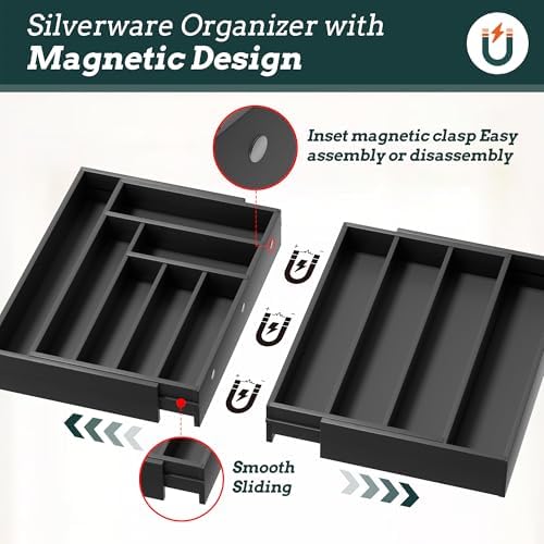 Bamboo Expandable Silverware Drawer Organizer 11 Slots Utensil Holder Black - Image 3