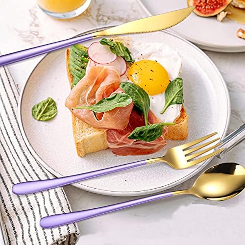 AARAINBOW 6 Pieces 18/8 Stainless Steel Flatware Set Portable Reusable Cutlery Set Travel Utensils Set Including Chopsticks Knife Fork Spoon Straws Cleaning Brush Dishwasher Safe (Purple golden) - Image 4