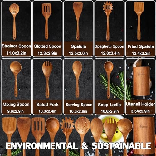 Wooden Spoons for Cooking,Wooden Cooking Utensil Set,10-Piece Wooden Kitchen Utensil Set with Wooden Spoons(A10) - Image 3