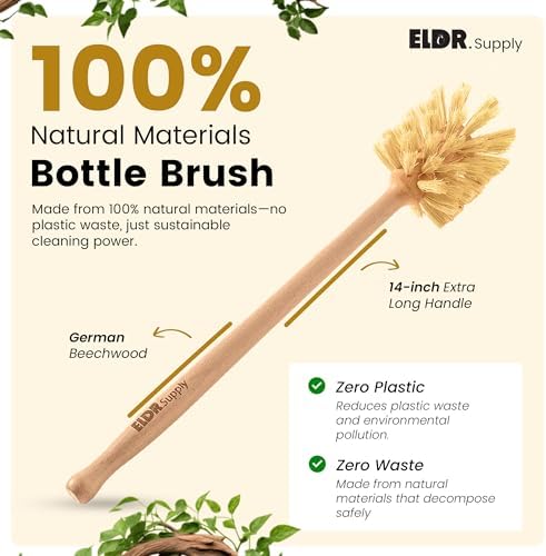 ELDR Supply Bottle Brush, 14in Extra Long German Beechwood Handle, Strong Hemp Bristles, Zero Waste, Cleans and Scrubs Hard to Reach Wide Mouth Jars, Glasses, and Tumblers - Image 3