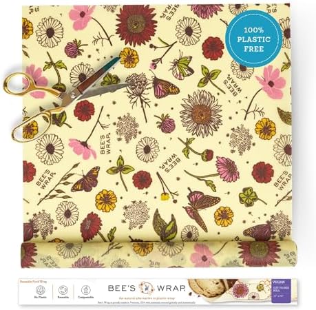 Bee's Wrap Vegan Beeswax Wraps for Food - Cut to Size 14x52" Beeswax Wrap Roll - Plastic Free Made in USA Reusable Natural Food Wrap - Meadow Magic by BeesWrap