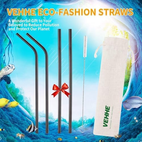 VEHHE Black Metal Straws, Stainless Steel Reusable Straws Set with Brush - Image 3