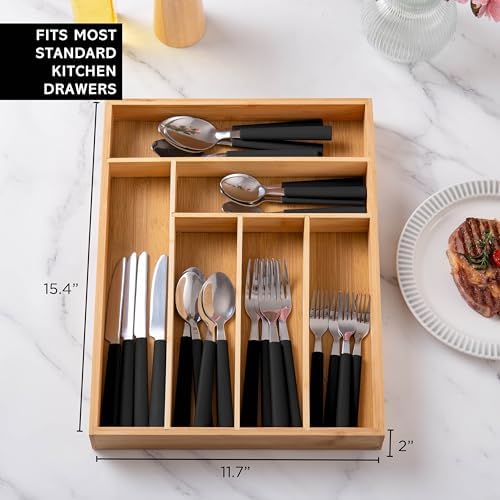 COOK WITH COLOR Bamboo Kitchen Utensil Set with Drawer Organizer | Cooking Tools and Storage Caddy, Black, 25 Piece Cutlery Set - Image 3