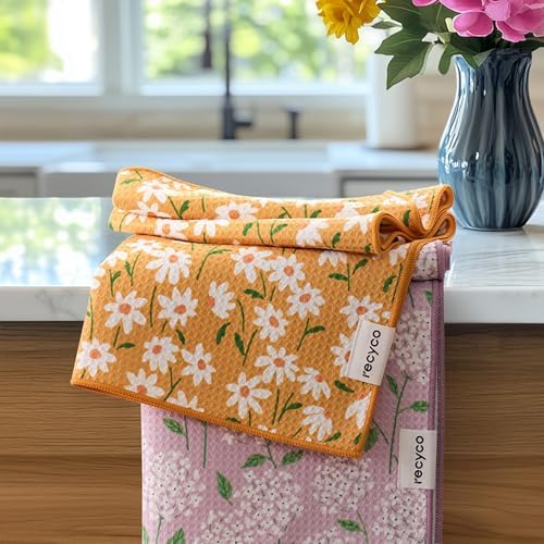 RECYCO Waffle Kitchen Towel Set of 2 - Quick Dry Microfiber Sustainable Dish Towels - Ultra Absorbent Reusable Cleaning Tea Towels - Lightweight Hand Towels,16”x 28”, Matisse Floral by RECYCOHOMECOLLECTION