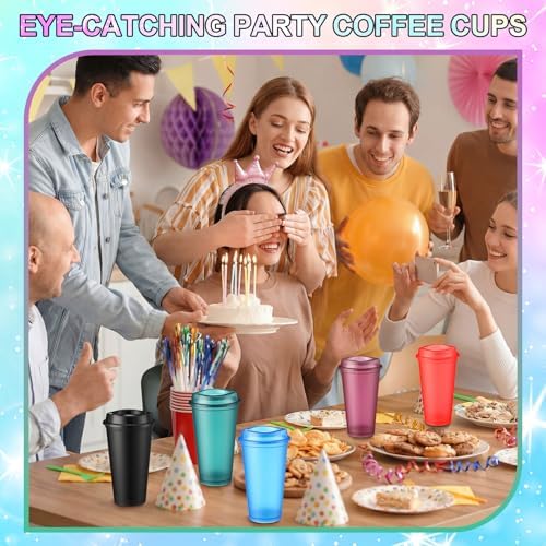 Honeydak 45 Pack 16 oz Reusable Coffee Cups with Lids Water Bottle Iced Coffee Travel Mug Portable Plastic Tea Tumblers Bulk for Hot and Cold Drinks Birthdays Party (Fluorescent Color,Stylish) - Image 4