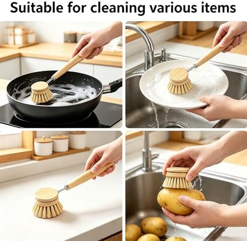 Bamboo Dish Brush with 3 Replacement Heads, Plastic-Free Kitchen Scrub Brush with Long Handle, Natural Sisal Bristle Bamboo Brush for Pans, Dishes, Pot,Veggie and Fruit - Image 5