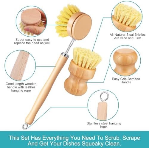 9 PCS Bamboo Dish Brush Set, Multifunctional Dishwashing Bamboo Scrub Brush with Natural Sisal Bristles, Wooden Dish Brush for Cleaning Pots, Pans, Dishes, Vegetables - Image 3