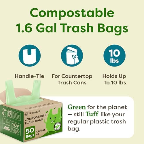 1.6 Gallon Compostable Trash Bags for Bathroom (50 Count) — Small Food Scrap & Bathroom Bin Liners — Thick 0.7 Mil Leak-Resistant Plant-Based Bags — ASTM D6400 BPI Certified - Image 3