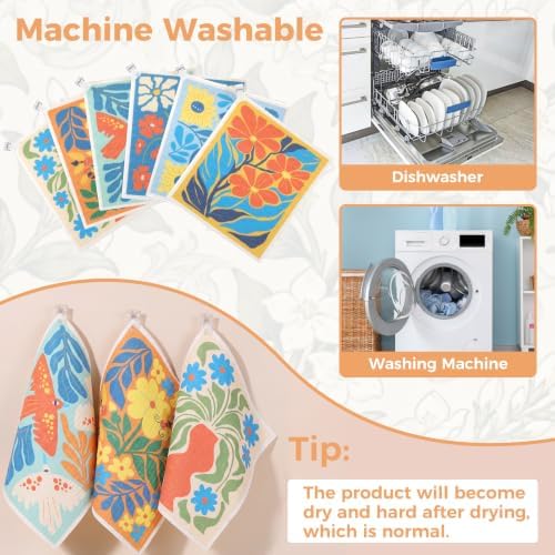 6 Pack Swedish Dishcloths for Kitchen,Abstract Floral Dish Towels with Clip - Image 3