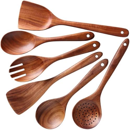 6-Piece Teak Wood Cooking Utensil Set, Wooden Spoons for Cooking by NAYAHOSE