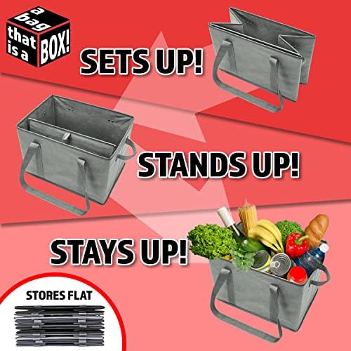 BAG-THAT! 4pk Reusable Grocery Bags Shopping Bags Tote Box Large Heavy Duty Groceries Bag Handles Foldable Reinforced Bottom (Gray) - Image 2