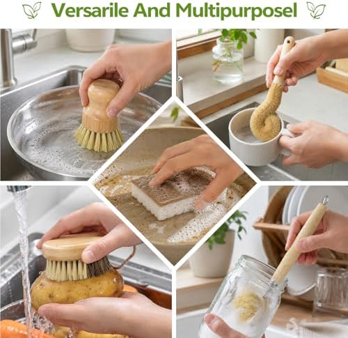 GREENTH PRO 9-Piece Bamboo Dish Brush Set with Natural Coconut Sponges - Image 5