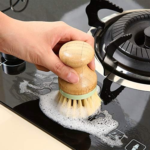 4 Pieces Bamboo Dish Scrub Brush with Holders Wooden Bamboo Round Scrubbers Stiff Bristles Pot Brushes for Wash Dishes, Pots, Pans, Kitchen Iron Pot Pan Sink(Classic Style,Green) - Image 6