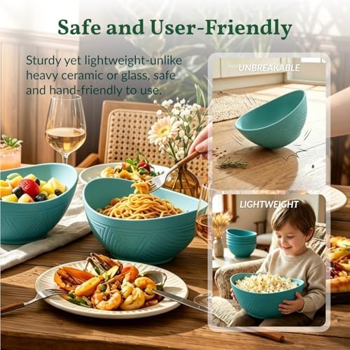 Homienly Salad Bowls 6 PCS Wheat Straw Bowls - 60oz Large Serving Bowl - Microwave and Dishwasher Safe Centerpiece Bowl Big Soup Bowl for Kitchen, Camping, Picnic, Party, Popcorn Bowl Set - Green - Image 6