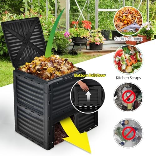Goplus Compost Bin, 80 Gallon (300 L) Large Outdoor Composting Box w/Top Flip Latch-on Lid, Bottom Exit Door, BPA Free Material, Grass Food Trash Composter Barrel for Garden Yard (Black) - Image 4