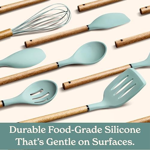 Country Kitchen Non Stick Silicone Utensil Set with Rounded Wood Handles for Cooking and Baking, 8 Piece Set, Mint - Image 4