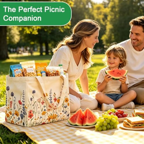 Aesthetic Canvas Reusable Grocery Bags Heavy Duty, 8.3 gal Foldable Large Tote Bag with Handles, Holds 60 lbs & Washable Eco-friendly Bags with 5 Pockets, Beige with a print 1 Bags（Wildflowers） - Image 3