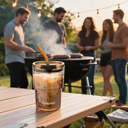 BLUEPOLAR 13oz/400ml Glass Water Tumbler with Straw and Lid Sealed Carry On Thick Wall Iced Coffee Cup Glass Cup for Water, Iced Tea Fruit Juice Etc (Amber-2 Pack) - Image 3