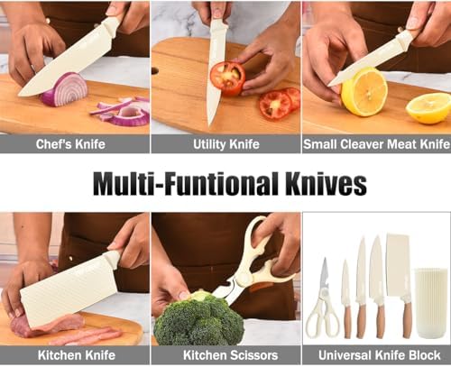 Knife Set, Wiztoynia 6-Piece Beige Kitchen Knife Set for Home, Anti-Rust Non-stick Stainless Steel Sharp Chef Knife Set with Universal Knife Block for Kitchen, Ergonomical Design (Beige) - Image 4