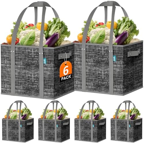 Fab totes Reusable Grocery Bags, Large Foldable Shopping Tote Bags with Reinforced Handles & Hard Bottom,6 Pack, Black by Fabtotes