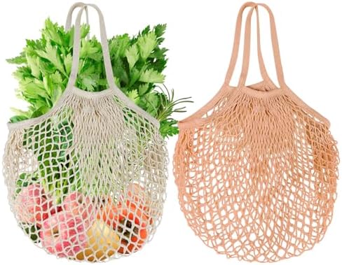 2-Pack Reusable Mesh Grocery Bags, 100% Cotton String, Long Handle Produce Bags, Fruit & Veggie Storage by Mordx
