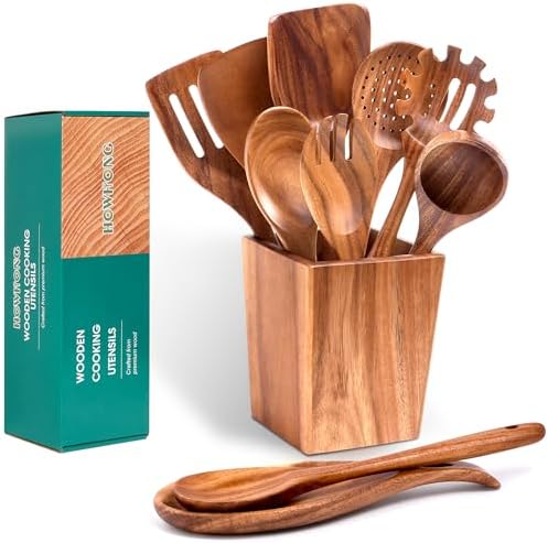 HOWHONG Acacia Wood Cooking Utensils Set - 11pc Wooden Spoons by HOWHONG