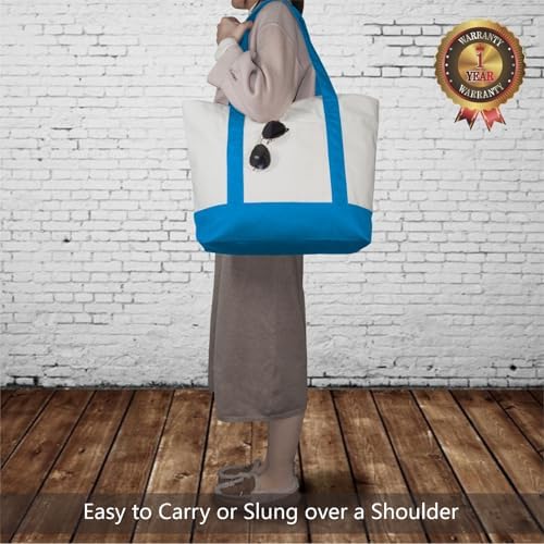 TOPDesign 6-Pack Canvas Tote Bags with an External Pocket, Reusable Grocery Shopping Bags, Top Zipper Closure, Daily Essentials (Ocean Blue/Natural) - Image 2